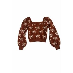 Willow & Wind Brown Bow Sweater Medium Puff Sleeve Coquette